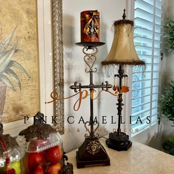 Bronze Fleur de Lis Candle Holder with Intricate Scrollwork